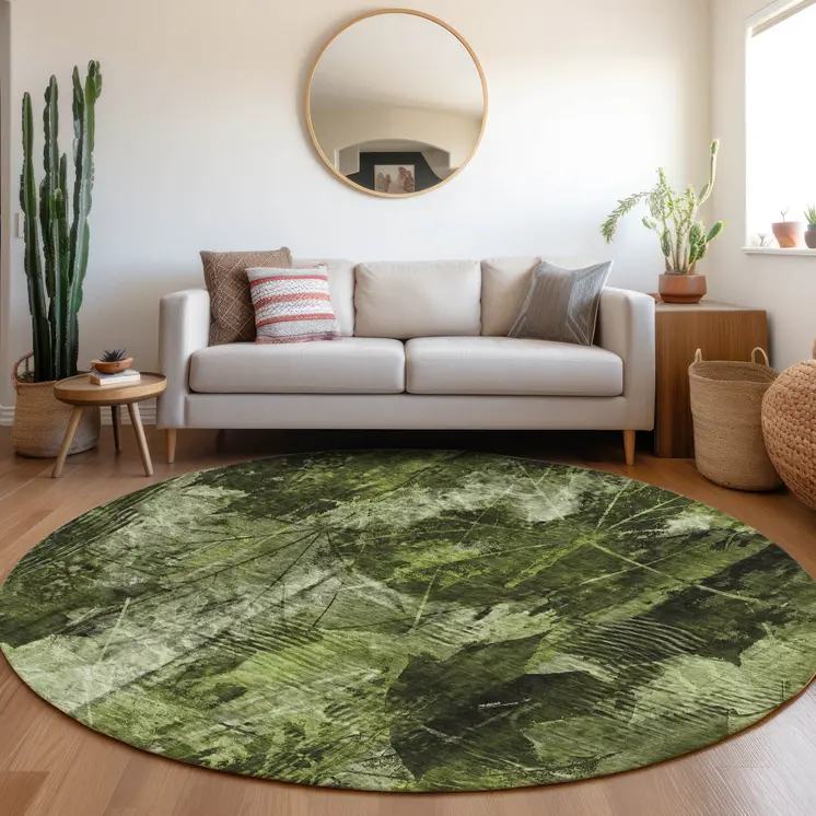 8' Round Green Round Floral Washable Non Skid Indoor Outdoor Area Rug
