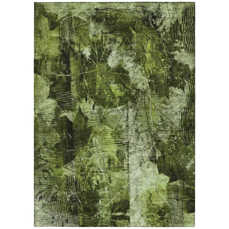 10' X 14' Green Floral Washable Non Skid Indoor Outdoor Area Rug