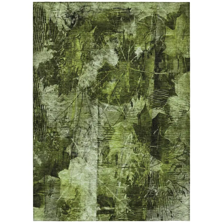 10' X 14' Green Floral Washable Non Skid Indoor Outdoor Area Rug