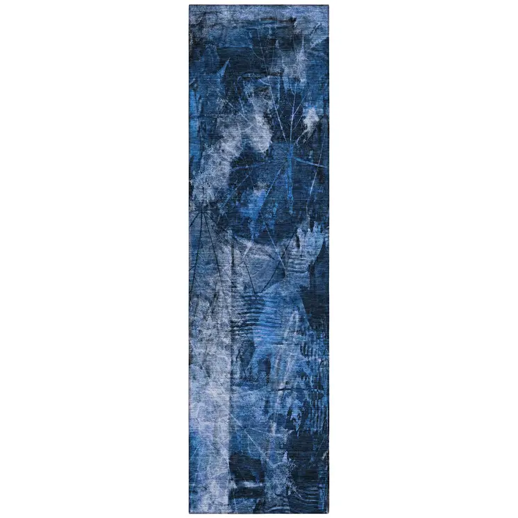8' Runner Navy Blue Floral Washable Non Skid Indoor Outdoor Runner Rug