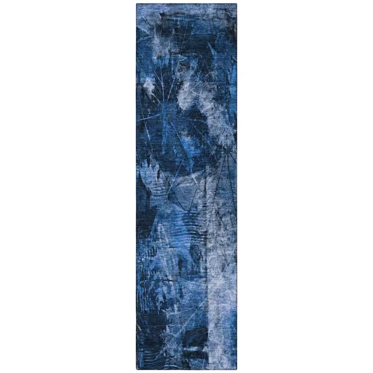 8' Runner Navy Blue Floral Washable Non Skid Indoor Outdoor Runner Rug