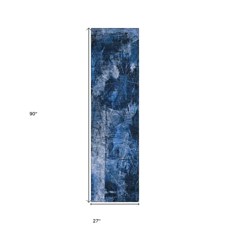 8' Runner Navy Blue Floral Washable Non Skid Indoor Outdoor Runner Rug