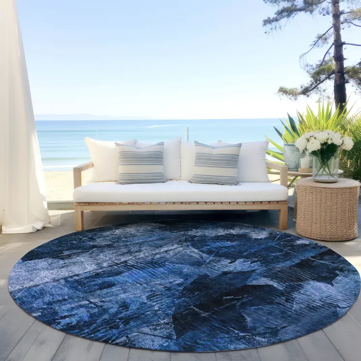 8' Round Navy Blue Round Floral Washable Non Skid Indoor Outdoor Area Rug