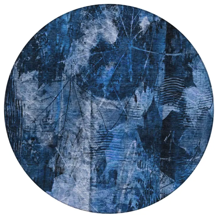 8' Round Navy Blue Round Floral Washable Non Skid Indoor Outdoor Area Rug