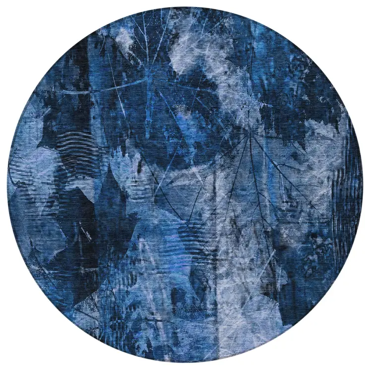 8' Round Navy Blue Round Floral Washable Non Skid Indoor Outdoor Area Rug