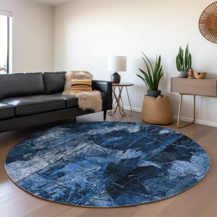 8' Round Navy Blue Round Floral Washable Non Skid Indoor Outdoor Area Rug