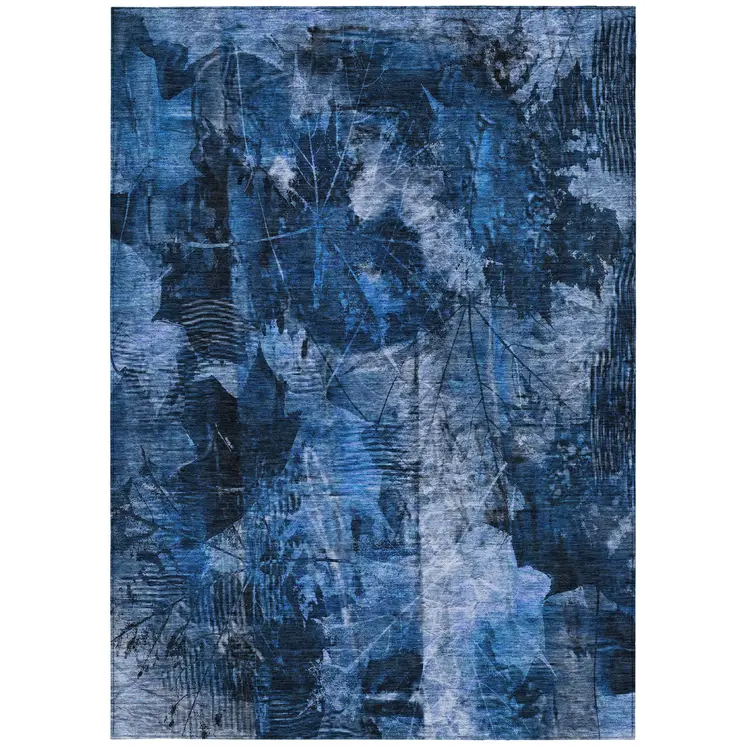 8' X 10' Navy Blue Floral Washable Non Skid Indoor Outdoor Area Rug