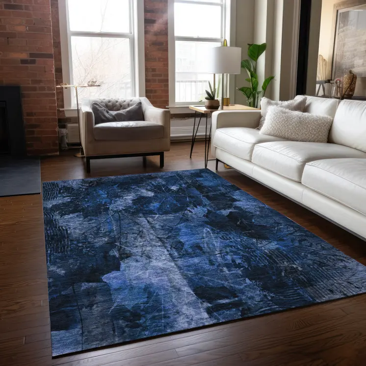 8' X 10' Navy Blue Floral Washable Non Skid Indoor Outdoor Area Rug
