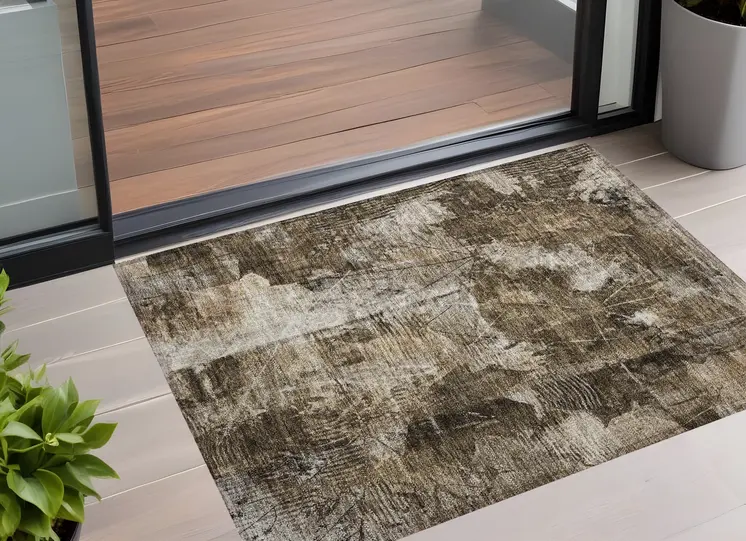2' X 3' Taupe Floral Washable Non Skid Indoor Outdoor Area Rug