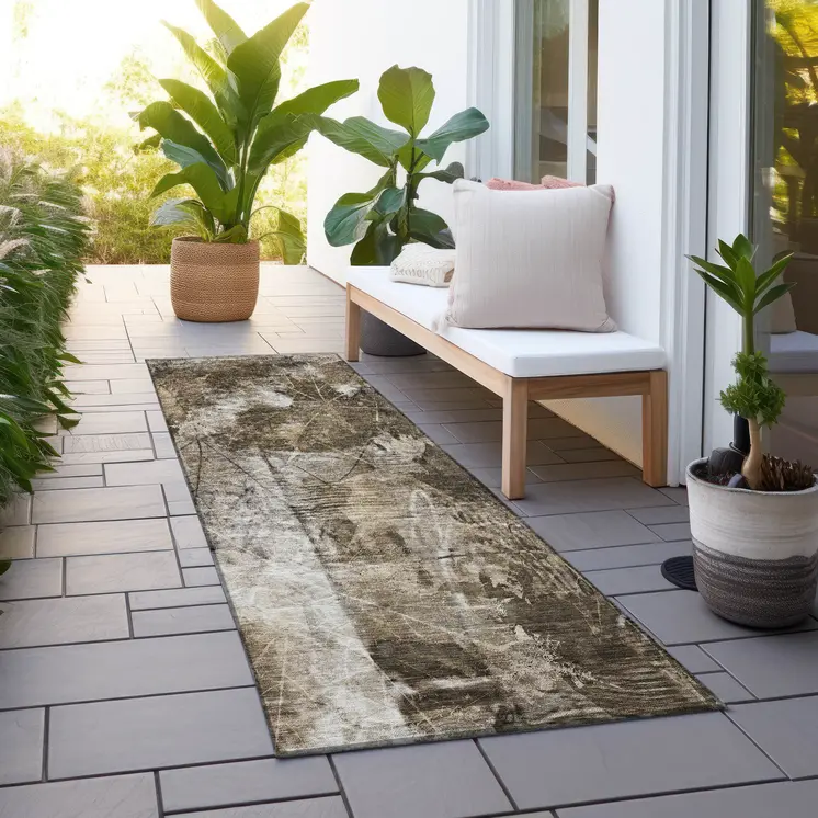 8' Runner Taupe Floral Washable Non Skid Indoor Outdoor Runner Rug