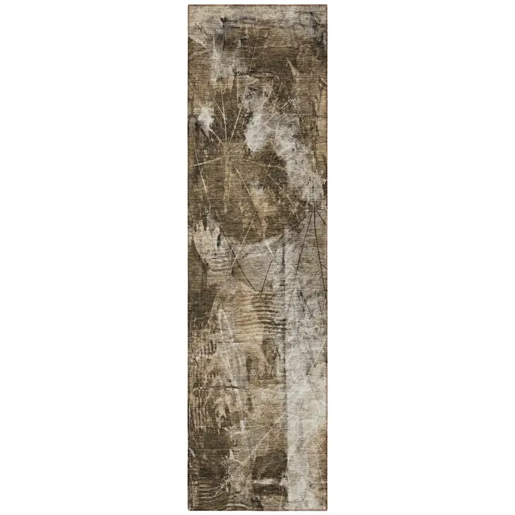 8' Runner Taupe Floral Washable Non Skid Indoor Outdoor Runner Rug
