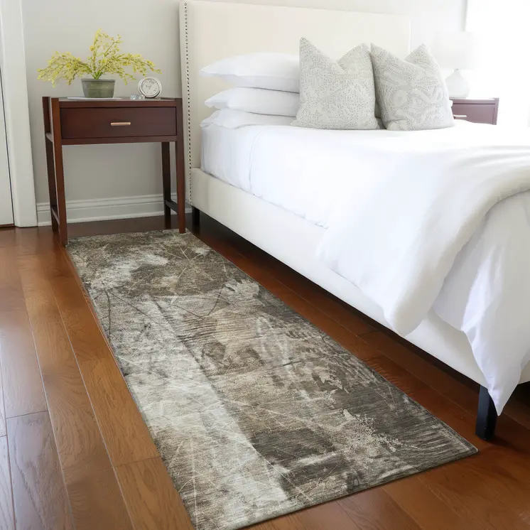 8' Runner Taupe Floral Washable Non Skid Indoor Outdoor Runner Rug