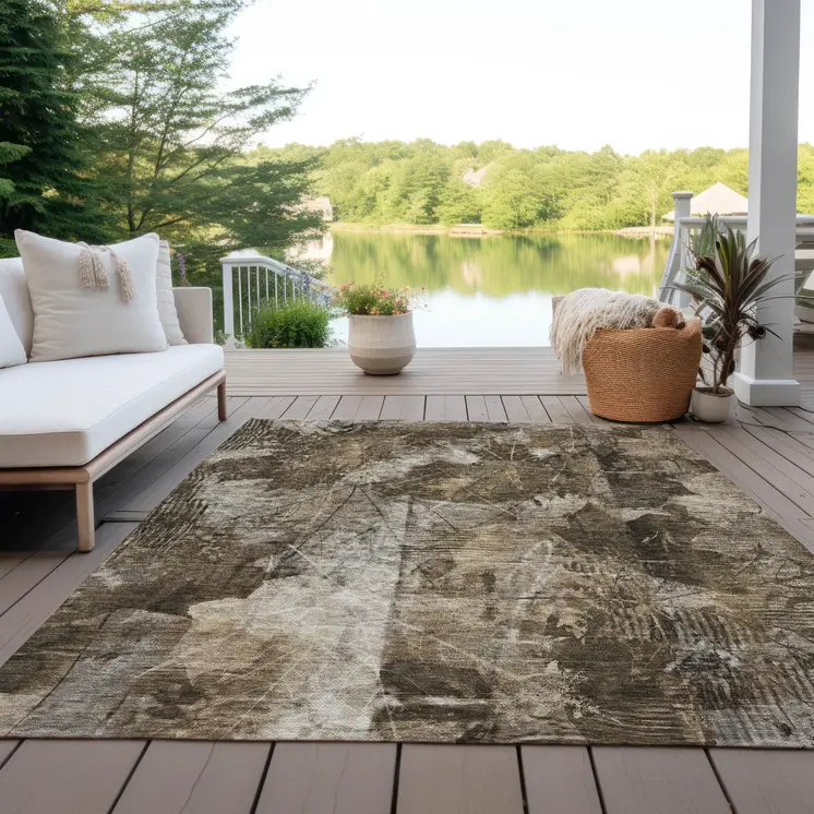 3' X 5' Taupe Floral Washable Non Skid Indoor Outdoor Area Rug