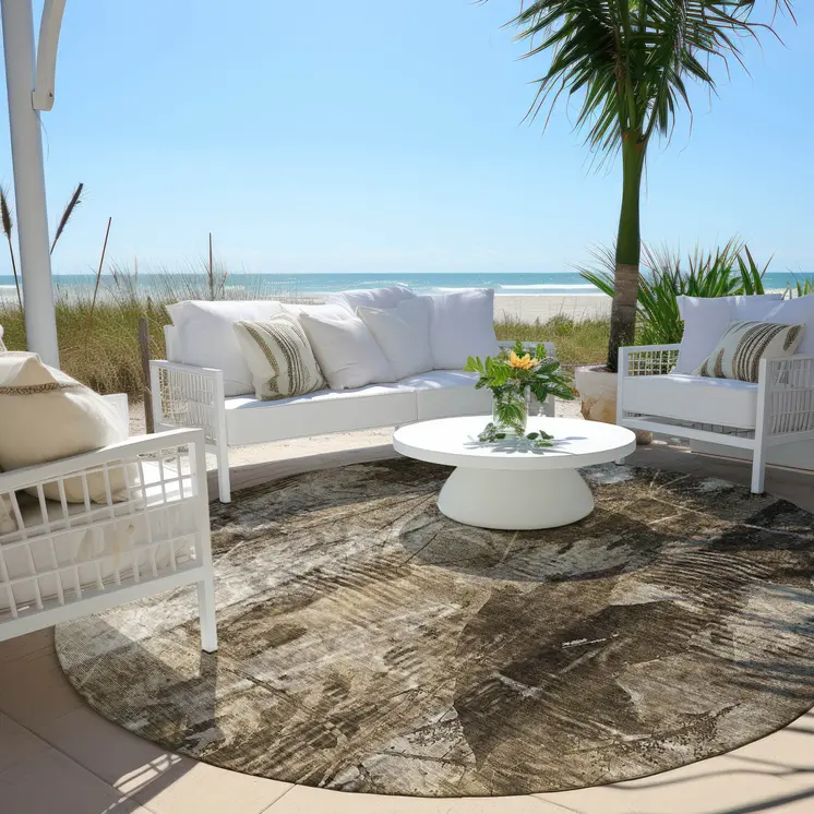 8' Round Taupe Round Floral Washable Non Skid Indoor Outdoor Area Rug