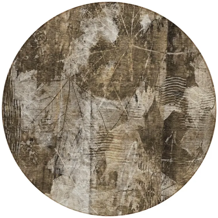 8' Round Taupe Round Floral Washable Non Skid Indoor Outdoor Area Rug