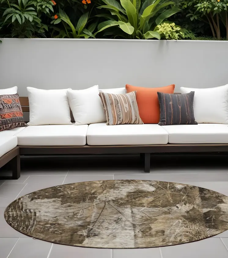 8' Round Taupe Round Floral Washable Non Skid Indoor Outdoor Area Rug