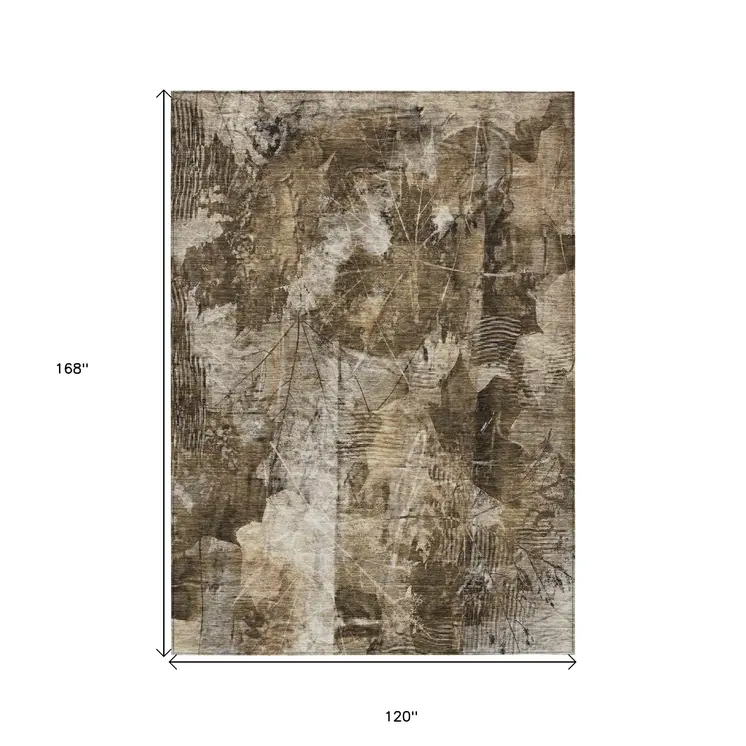 10' X 14' Taupe Floral Washable Non Skid Indoor Outdoor Area Rug