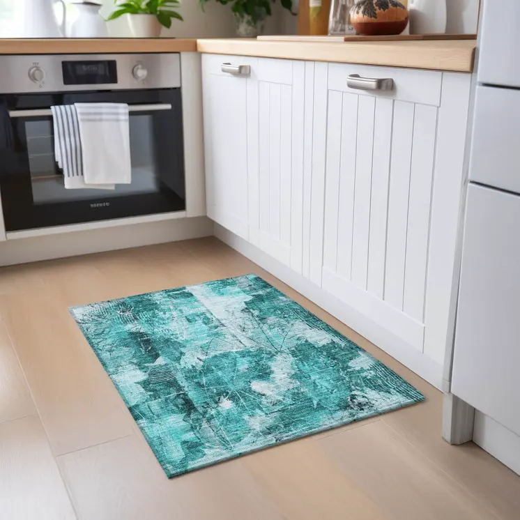 2' X 3' Teal Floral Washable Non Skid Indoor Outdoor Area Rug