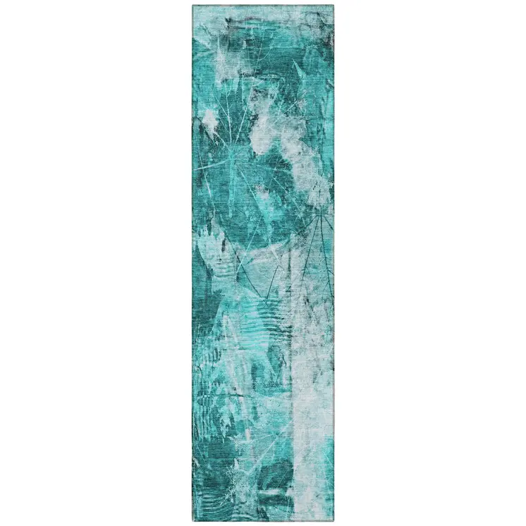 8' Runner Teal Floral Washable Non Skid Indoor Outdoor Runner Rug