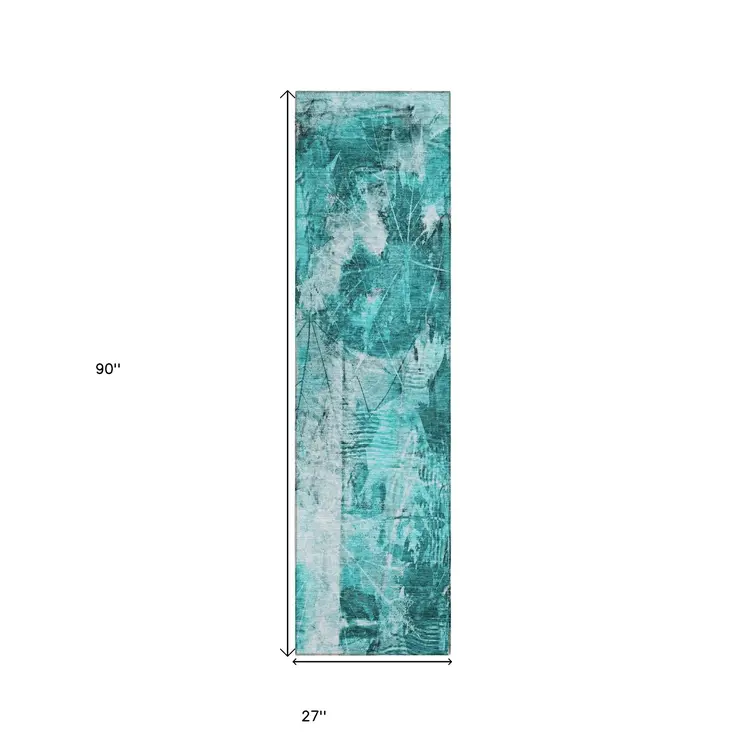 8' Runner Teal Floral Washable Non Skid Indoor Outdoor Runner Rug