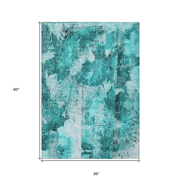 3' X 5' Teal Floral Washable Non Skid Indoor Outdoor Area Rug