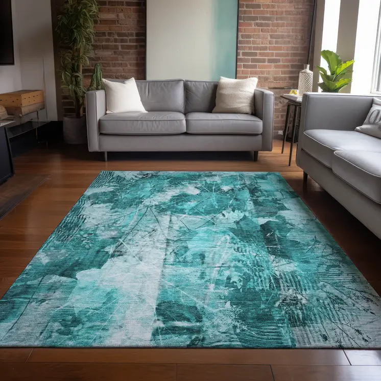 3' X 5' Teal Floral Washable Non Skid Indoor Outdoor Area Rug