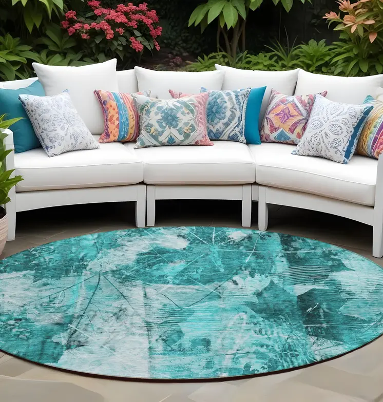 8' Round Teal Round Floral Washable Non Skid Indoor Outdoor Area Rug