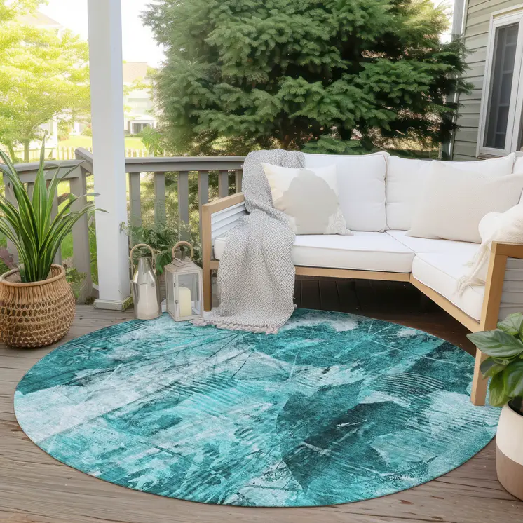 8' Round Teal Round Floral Washable Non Skid Indoor Outdoor Area Rug