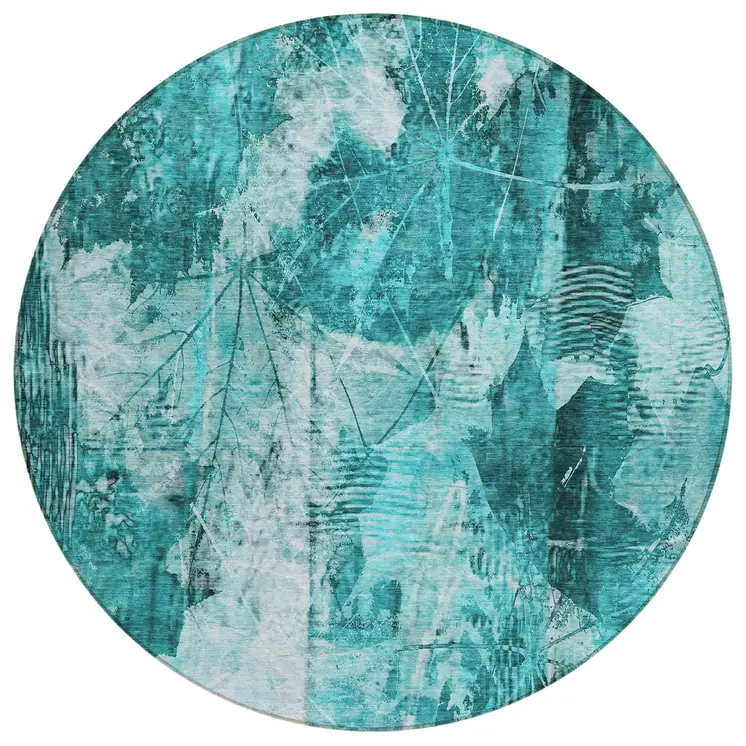 8' Round Teal Round Floral Washable Non Skid Indoor Outdoor Area Rug