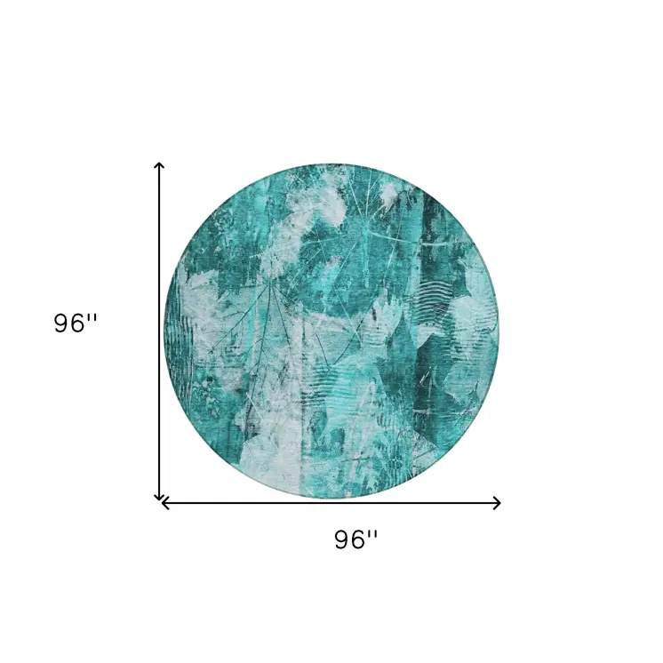 8' Round Teal Round Floral Washable Non Skid Indoor Outdoor Area Rug