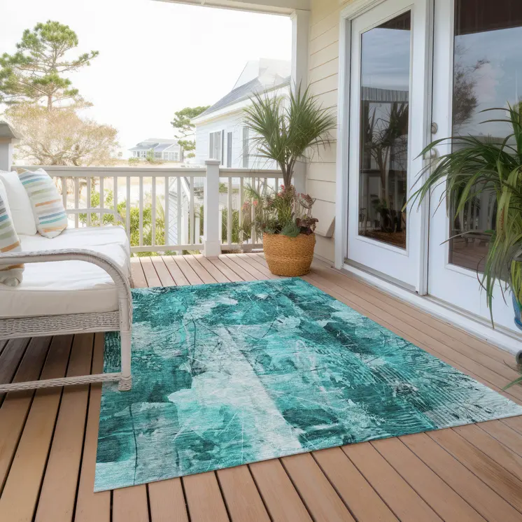 9' X 12' Teal Floral Washable Non Skid Indoor Outdoor Area Rug