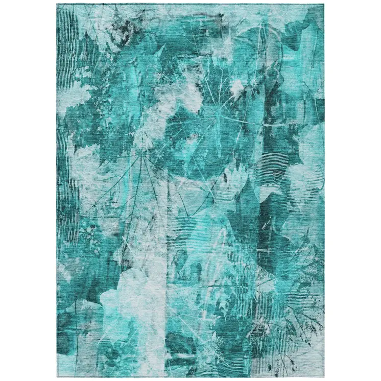 9' X 12' Teal Floral Washable Non Skid Indoor Outdoor Area Rug