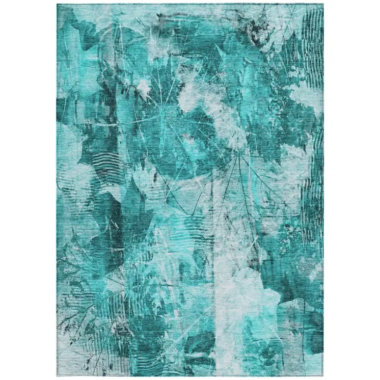 9' X 12' Teal Floral Washable Non Skid Indoor Outdoor Area Rug