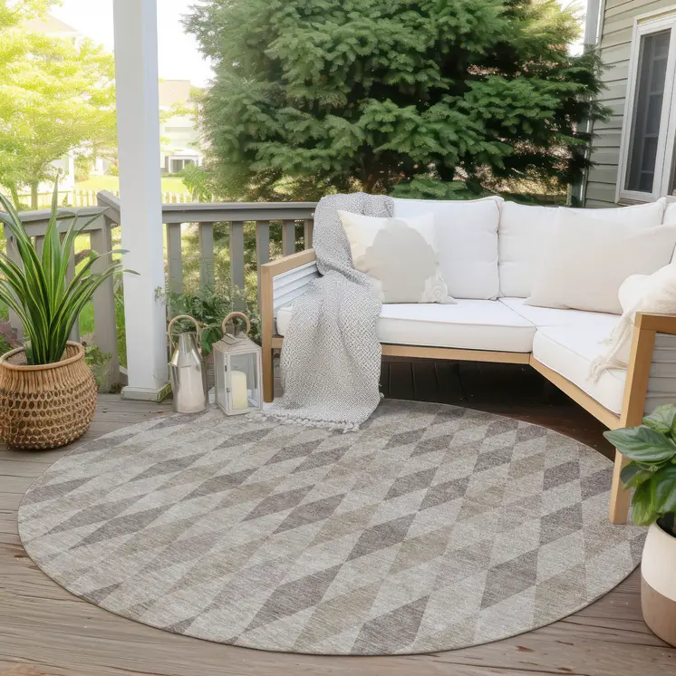 8' Round Beige Taupe and Brown Round Geometric Washable Non Skid Indoor Outdoor Area Rug
