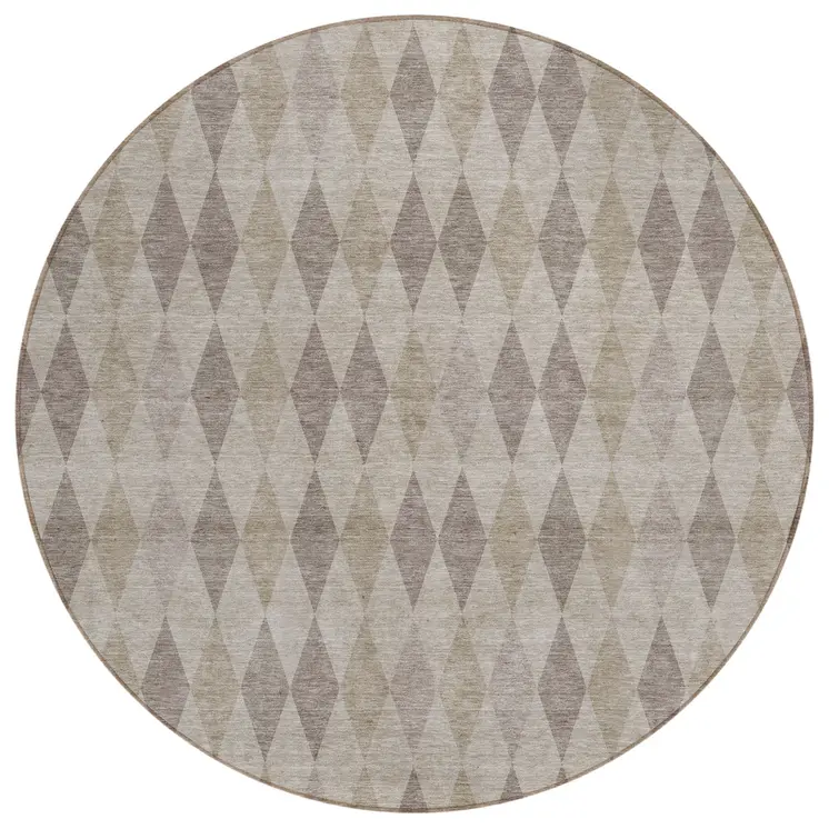 8' Round Beige Taupe and Brown Round Geometric Washable Non Skid Indoor Outdoor Area Rug
