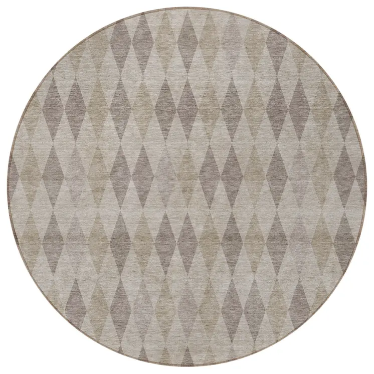 8' Round Beige Taupe and Brown Round Geometric Washable Non Skid Indoor Outdoor Area Rug