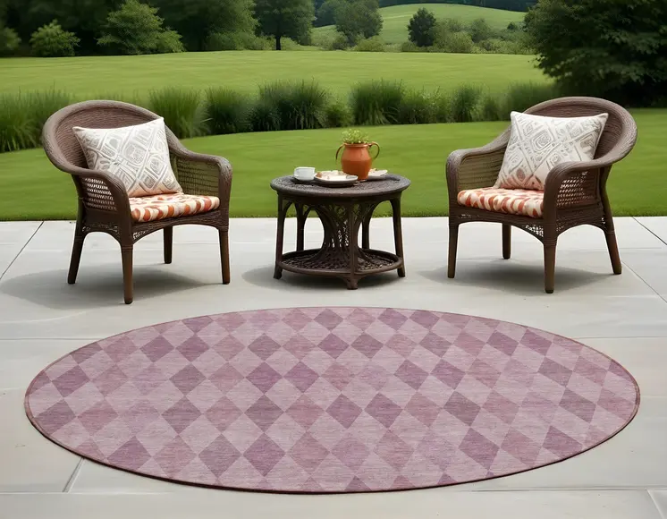 8' Round Blush Round Geometric Washable Non Skid Indoor Outdoor Area Rug