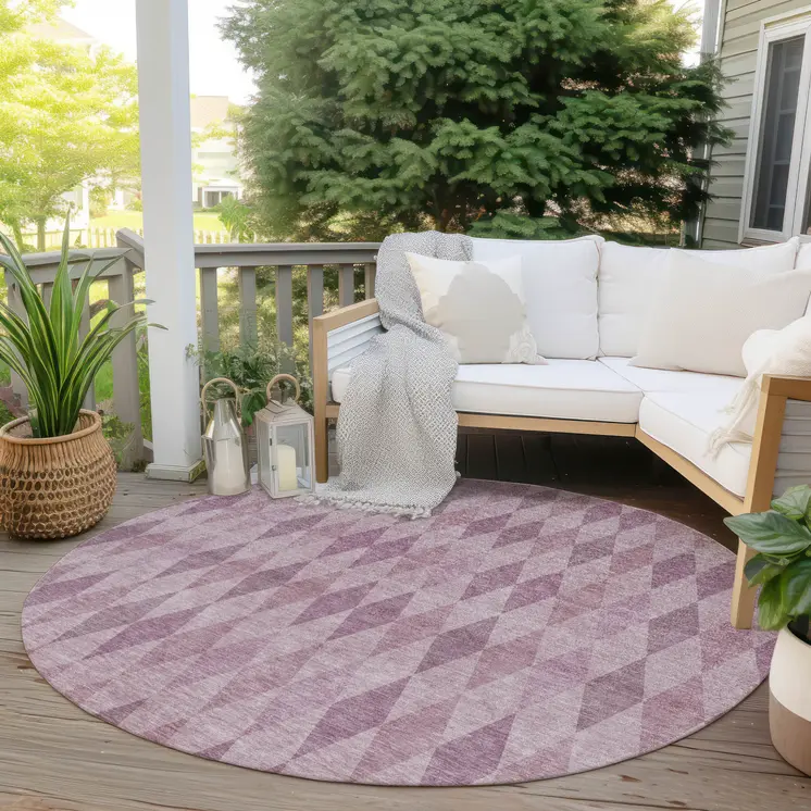 8' Round Blush Round Geometric Washable Non Skid Indoor Outdoor Area Rug