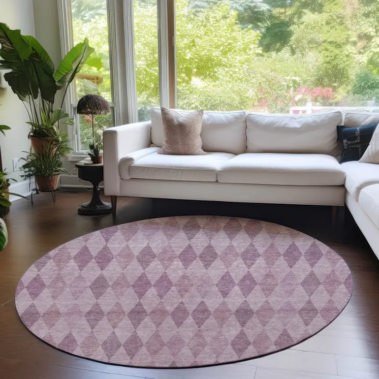 8' Round Blush Round Geometric Washable Non Skid Indoor Outdoor Area Rug
