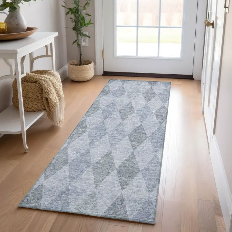 8' Runner Denim Blue Geometric Washable Non Skid Indoor Outdoor Runner Rug