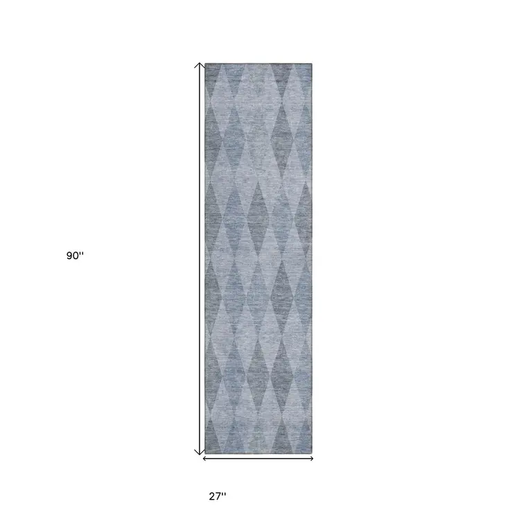 8' Runner Denim Blue Geometric Washable Non Skid Indoor Outdoor Runner Rug