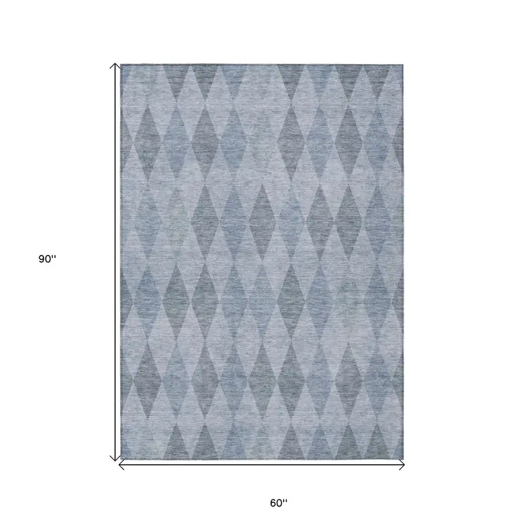 5' X 8' Denim Blue Geometric Washable Non Skid Indoor Outdoor Area Rug