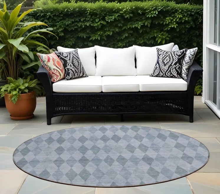 8' Round Denim Blue Round Geometric Washable Non Skid Indoor Outdoor Area Rug