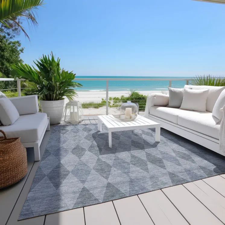 10' X 14' Denim Blue Geometric Washable Non Skid Indoor Outdoor Area Rug