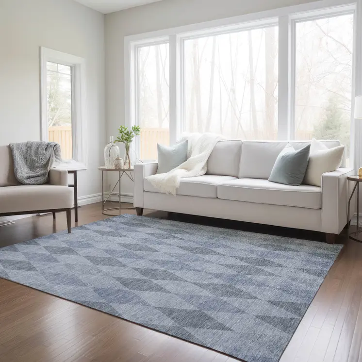 10' X 14' Denim Blue Geometric Washable Non Skid Indoor Outdoor Area Rug