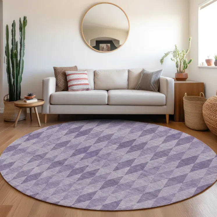 8' Round Purple Round Geometric Washable Non Skid Indoor Outdoor Area Rug