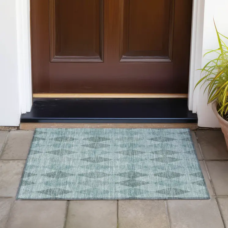2' X 3' Teal Geometric Washable Non Skid Indoor Outdoor Area Rug