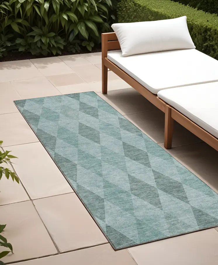 8' Runner Teal Geometric Washable Non Skid Indoor Outdoor Runner Rug