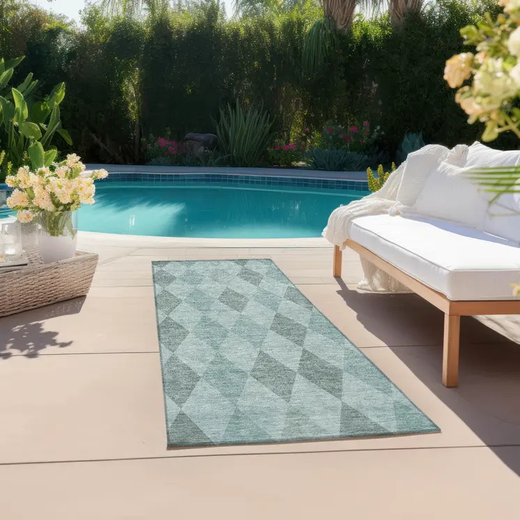 8' Runner Teal Geometric Washable Non Skid Indoor Outdoor Runner Rug