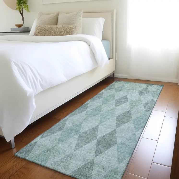 8' Runner Teal Geometric Washable Non Skid Indoor Outdoor Runner Rug